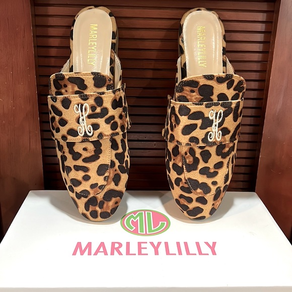 NIB Marleylilly Leopard Flat Mules with H embroidered monogram initial - Picture 1 of 2